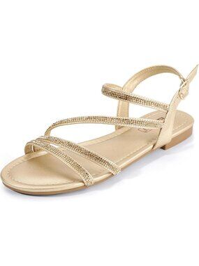 Glitter Strappy Flat Sandals for Women - Summer Dressy Rhinestone Shoes